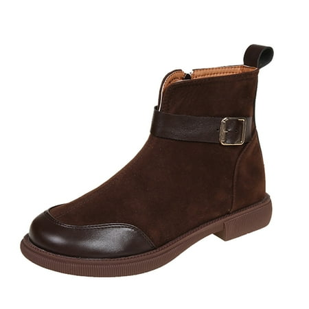 

TAIAOJING Women s Boots Fashion Round Toe Heel Belt Buckle Side Zipper Suede Ladies Ankle Boots Casual Shoes