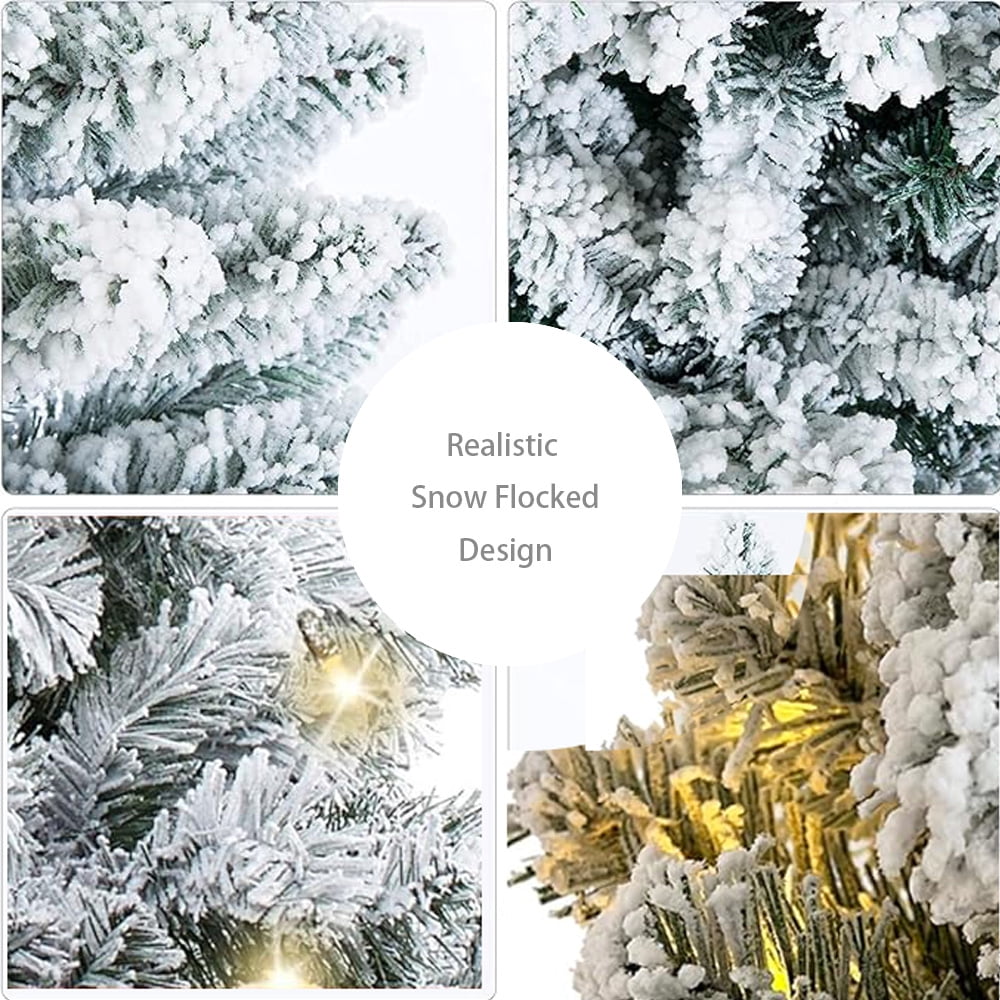 Abble 6 ft Pre-Lit Premium Snow Flocked Hinged Artificial Christmas Tree with 400 Warm White LED Lights