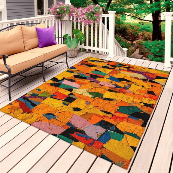Boho Abstract Terracotta Outdoor Rug for Patio/Deck/Porch, Non-Slip Large Area Rug 5 x 8 Ft, Orange Red Color Block Retro Art Indoor Outdoor Rugs Washable Area Rugs, Camping Rug Carpet Runner