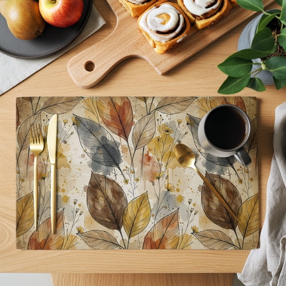 Autumn Leaves Placemats Set of 6, Botanical Rustic Brown Watercolor Leaf Heat Insulated Linen Place Mats, Washable Stain-Proof Table Mats for Dining Tables Holiday Decor 13x19 Inches