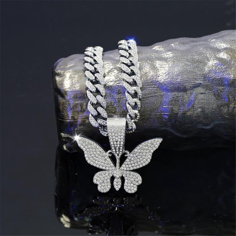 Men Women Hip Hop New Butterfly Pendant Necklace 15mm Crystal Cuban Chain HipHop Iced Out Bling Necklaces Fashion Charm Jewelry