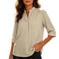 thumbnail image 4 of Vivianyo HD Women's Mandarin Collar Half Henley Placket Blouse, Curved Hem Three Quarter Sleeve Shirt For Women, Spring Summer Lightweight Tunic for Park Visits and Casual Lunches, Sizes S-2XL, 4 of 7