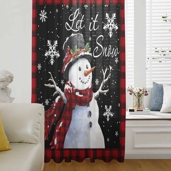 Red Plaid Christmas Semi Sheer Curtains Drapes for Living Room,Bedroom,French Doors Window 108 Inches Long,Watercolor Snowman Snowflake Black Rod Pocket Chiffon Curtain Drapery Voile Draperies Panel