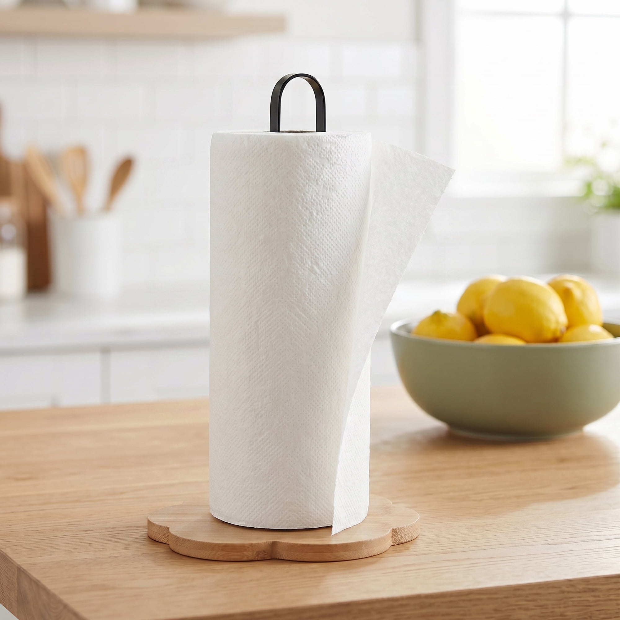 Unique Bargains Paper Towel Holder Countertop Non Slip Base Dispenser Black D 10.2x6.3inch