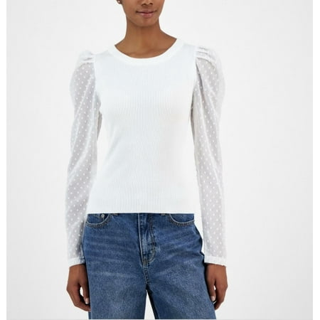 Madden Girl Juniors' Ribbed Clip-Dot Sleeve Sweater - Bright White - XLUS