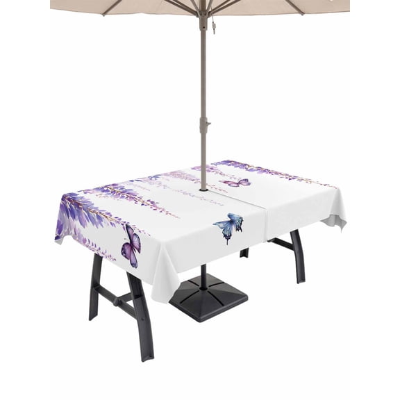 Outdoor Tablecloth with Umbrella Hole for Patio/Picnic/Party/Camping, Wisteria Waterproof Table Cloth Rectangle Table Cover Washable, Purple Flowers Butterflies Vintage Spring (54"x 80")