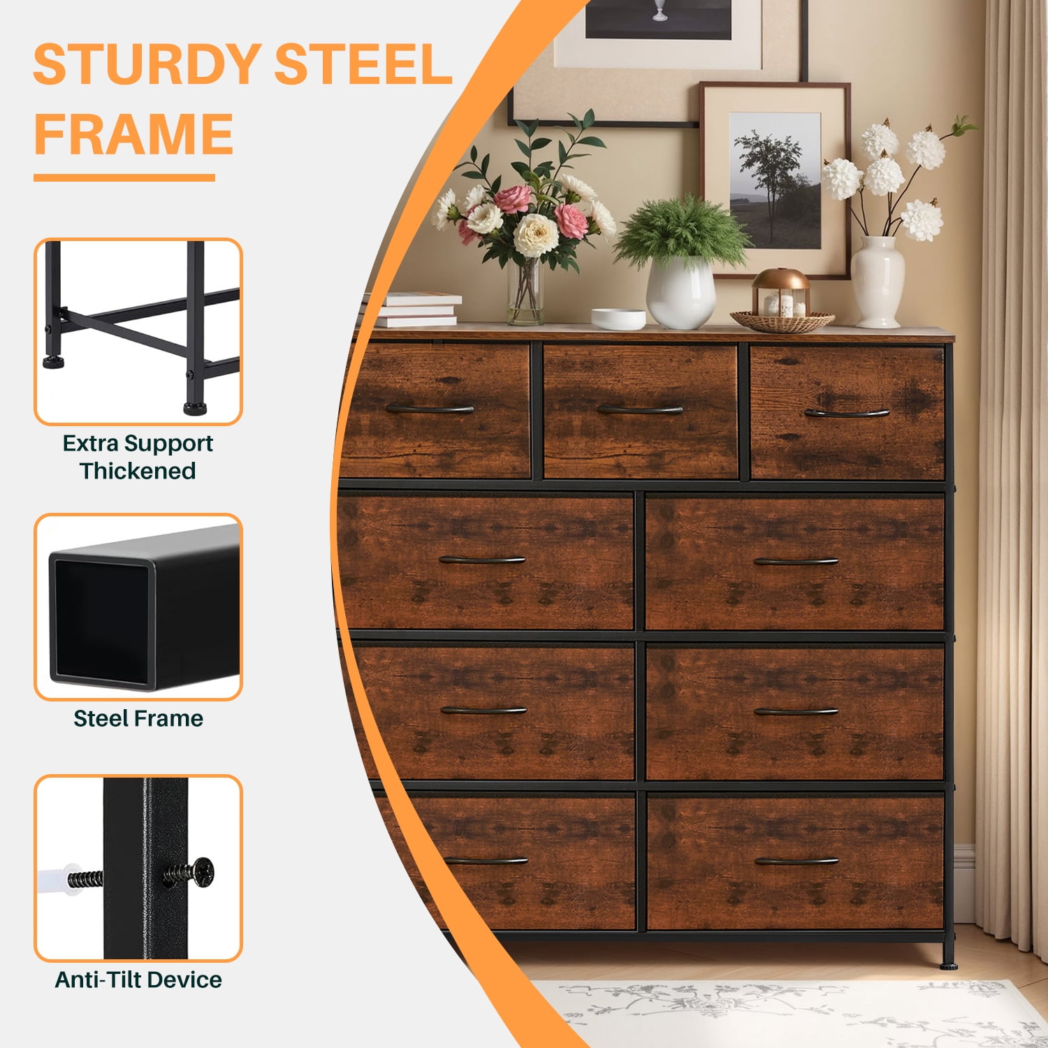 Simenmax 9 Drawers Dresser for Bedroom, Tall Fabric Closet Chests Organizer Tower Furniture with Wooden Top Metal Frame for Clothes, Room, Living Room, Hallway, Entryway,Brown