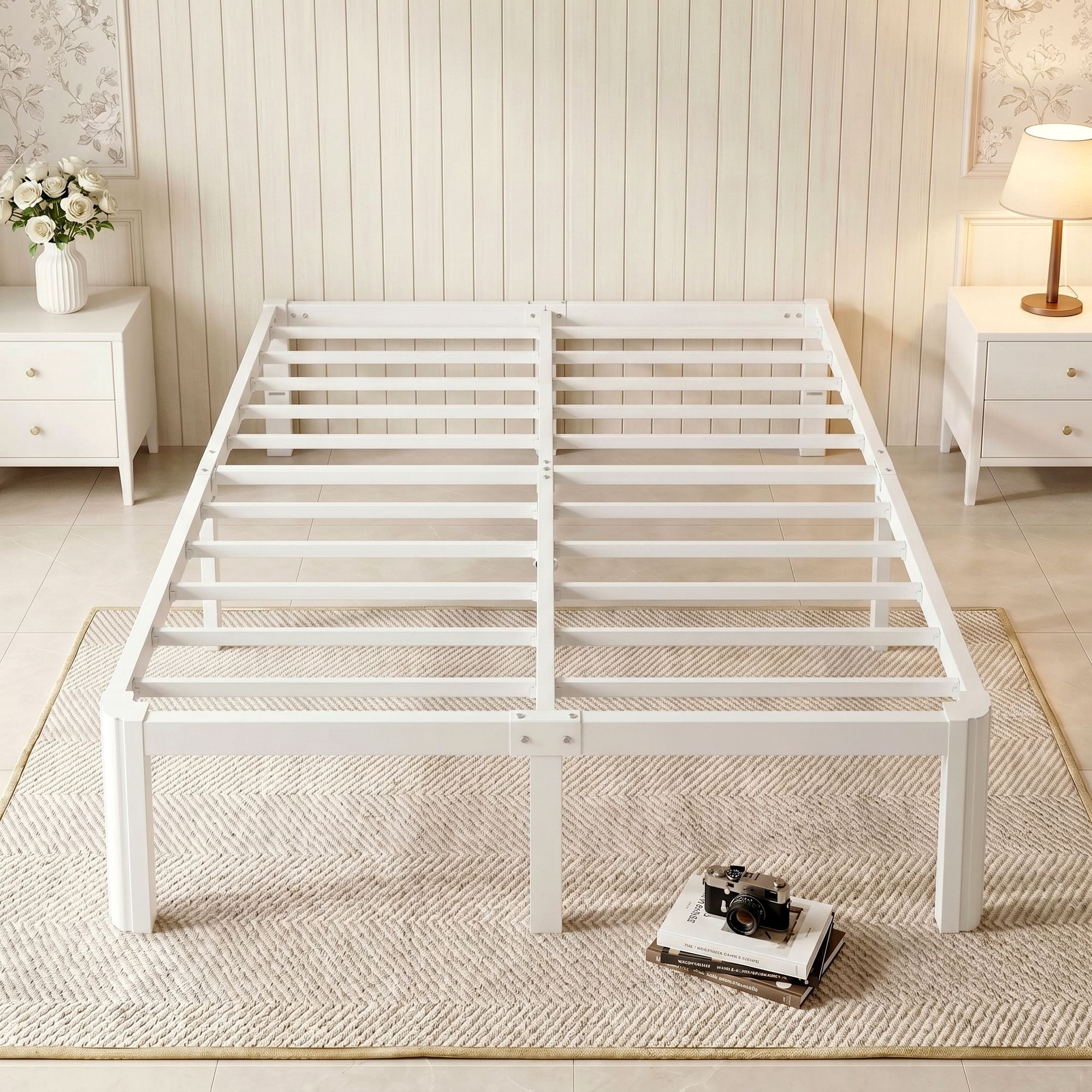 Merrland Queen Bed Frame, 14" Metal Platform Bed Frame with Fan-Shaped Legs, 3500 lbs Capacity, Under-Bed Storage Space, Easy Assembly, White