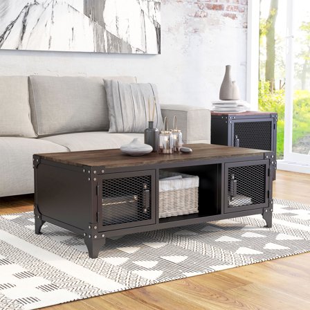 Furniture of America Trynd 4-Door Storage Metal Sand Black and Dark Walnut Coffee Table