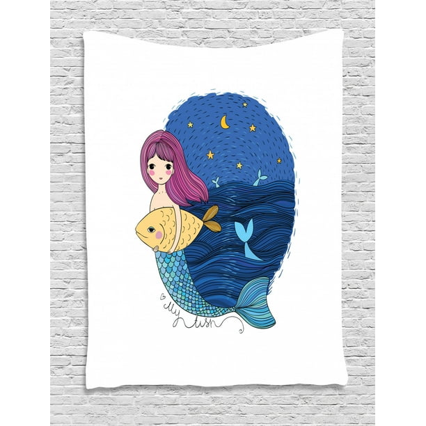 Fantasy Tapestry Hand Drawn Style Mermaid Holding A Fish On Backdrop With Seascape At Night Time Wall Hanging For Bedroom Living Room Dorm Decor 60w X 80l Inches Multicolor By Ambesonne