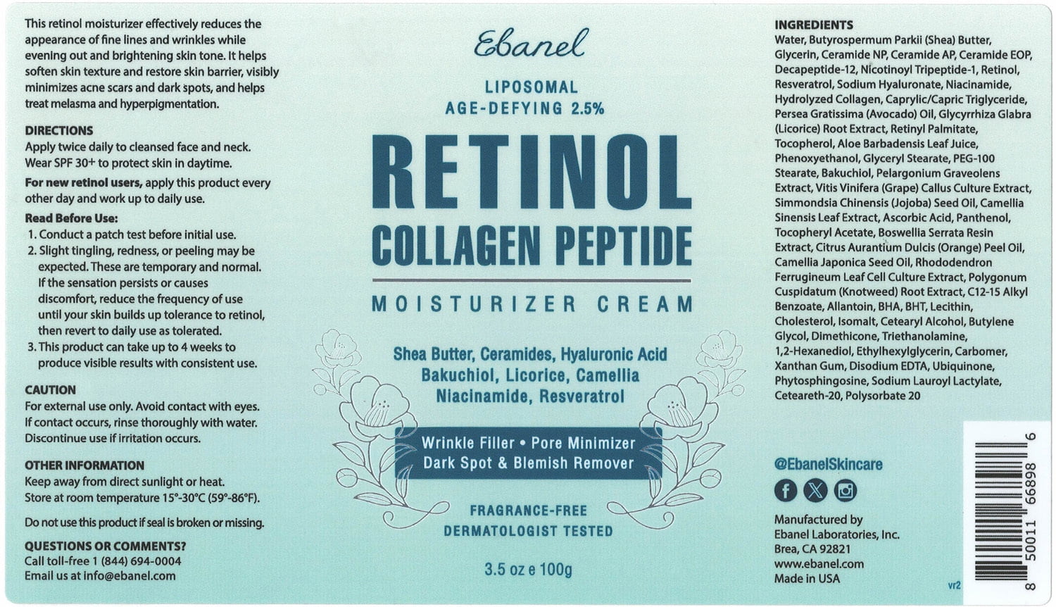 Ebanel Retinol Cream for Face with Peptides, Hyaluronic Acid 3.5oz