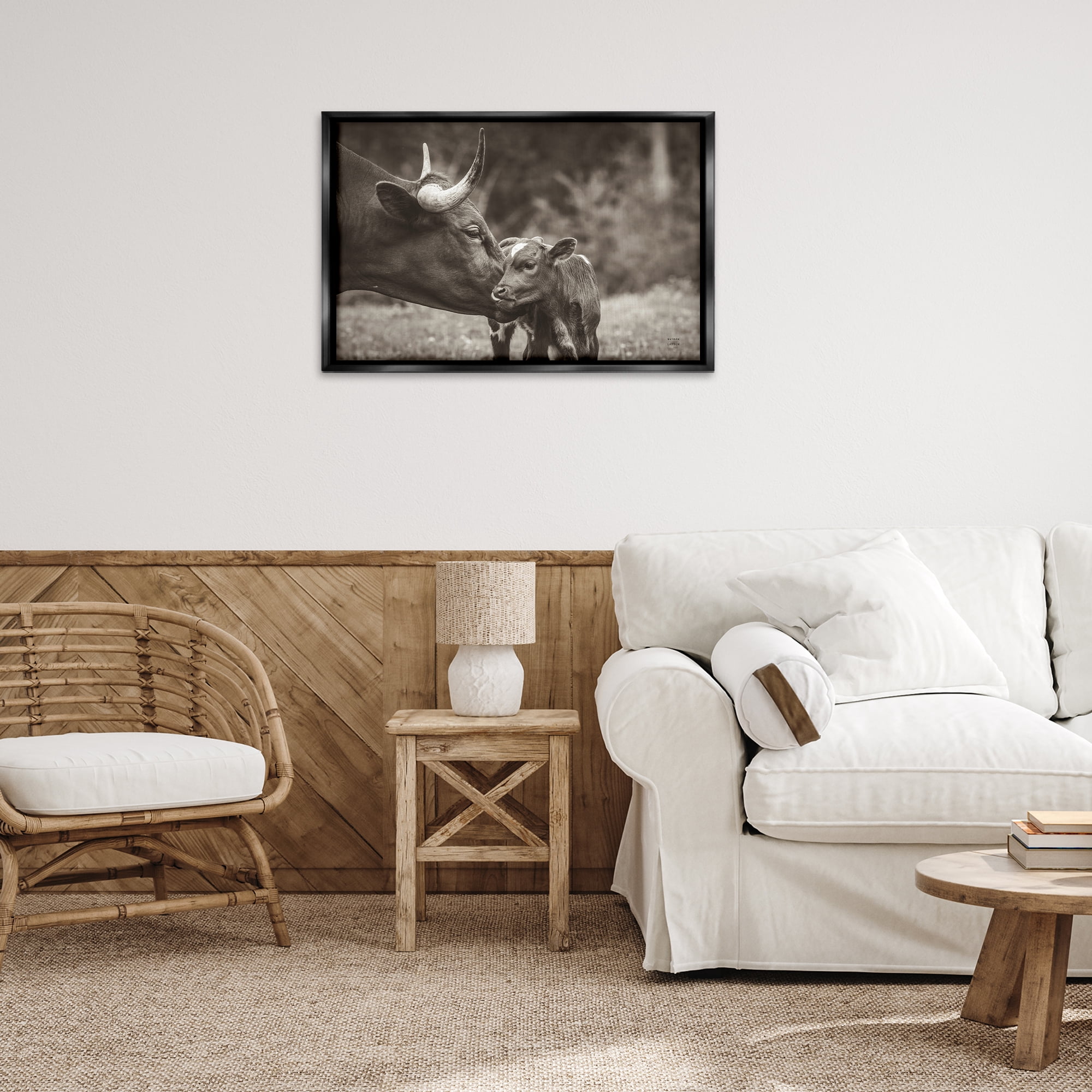 Stupell Industries Longhorn Kiss Photography Animals Photography Black Floater Framed Canvas Art Print Wall Art, 31 x 21