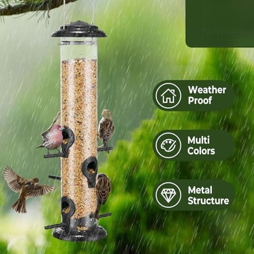 Metal Bird Feeders for Outdoors Hanging, Tube Bird Feeder with 6 Feeding Ports, 15 Inch, Chew-Proof & Weatherproof, Black