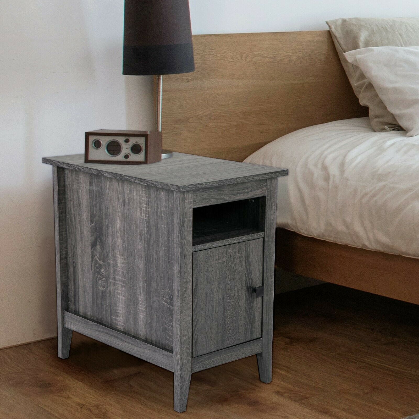 Private Jungle Farmhouse Nightstand Wooden Bedside End Table w/Switchable Door Bedroom Decor, Gray Private Jungle Farmhouse Nightstand Wooden Bedside End Table w/Switchable Door Bedroom Decor, Gray