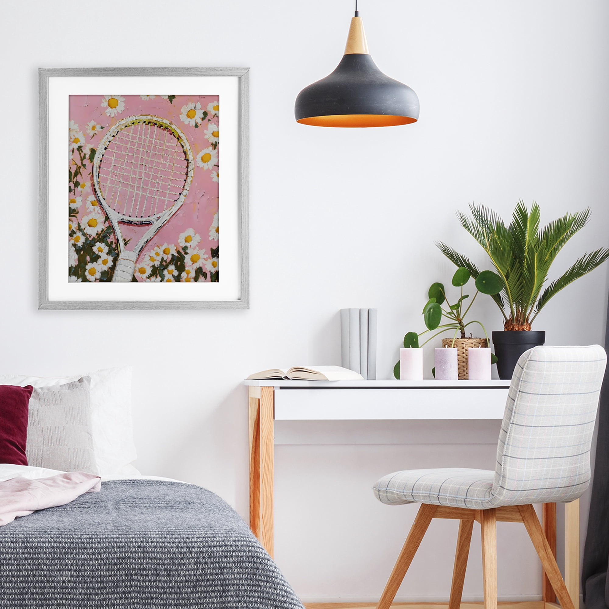 Stupell Industries Pink Tennis Racket & Daisies Gray Framed Print Under Glass, design by LSR Design Studio