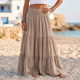 thumbnail image 2 of Tqcoqu Women's Solid Cotton Linen Tiered Maxi Skirt,Smocked Elastic High Waist Flowy Boho Beach Long Skirt, 2 of 5