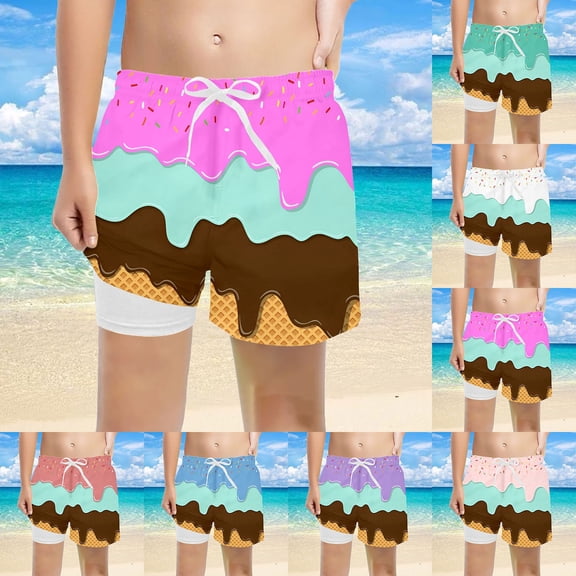 LRen Boy Swim Trunks with Compression Liner Kids Print Quick Dry Bathing Suit Summer Swim Shorts Toddler Summer Beach Swimsuit