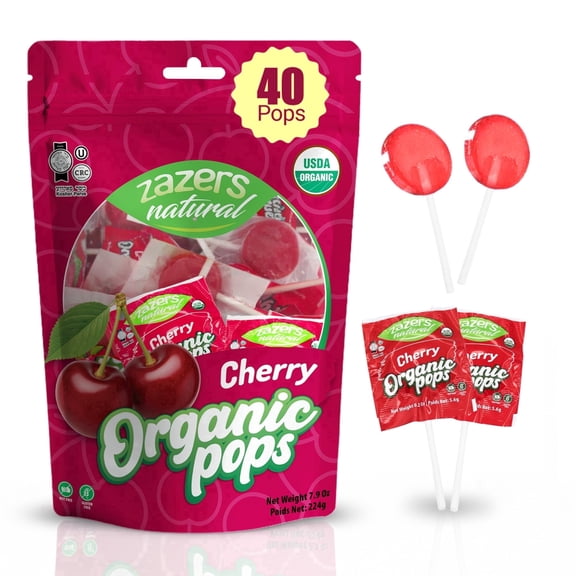 Zazers Natural Organic Cherry Lollipops, 40 Count, USDA Organic, Kosher, Vegan