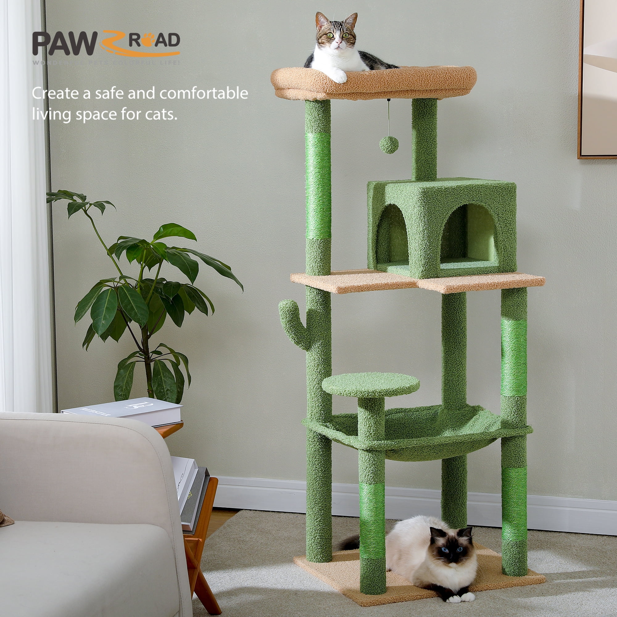 PAWZ Road Cat Tree 56" Sisal Scratching Posts Tower with Large Perch Hammock for All Indoor Cats,Green