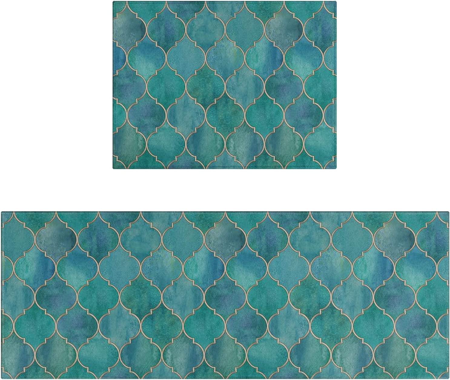 Teal Kitchen Rugs Mat Set 2 Piece Vintage Moroccan Non Slip Kitchen Mats for Floor Washable