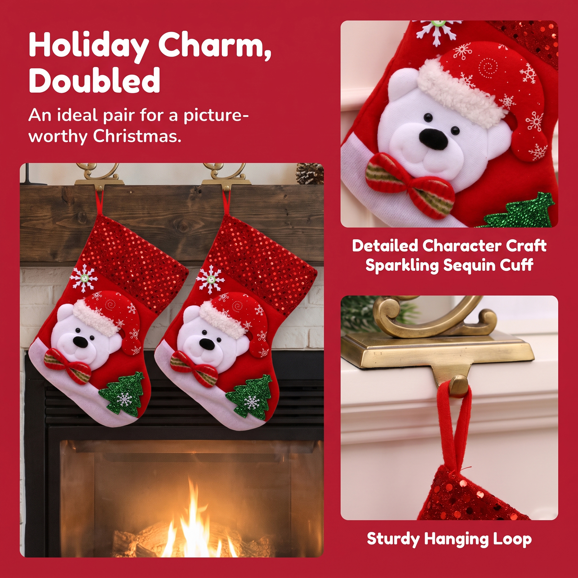 Unique Bargains Christmas Sequins Cuff Felt Xmas Stocking Holiday Gift Bag Bear 10"