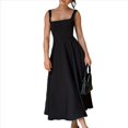 thumbnail image 1 of Vestido Midi Fluido con Escote Cuadrado y Tirantes Anchos para Mujer, /Verano 2025, para Invitada de Boda, Baile, Cóctel Negro S, 1 of 9