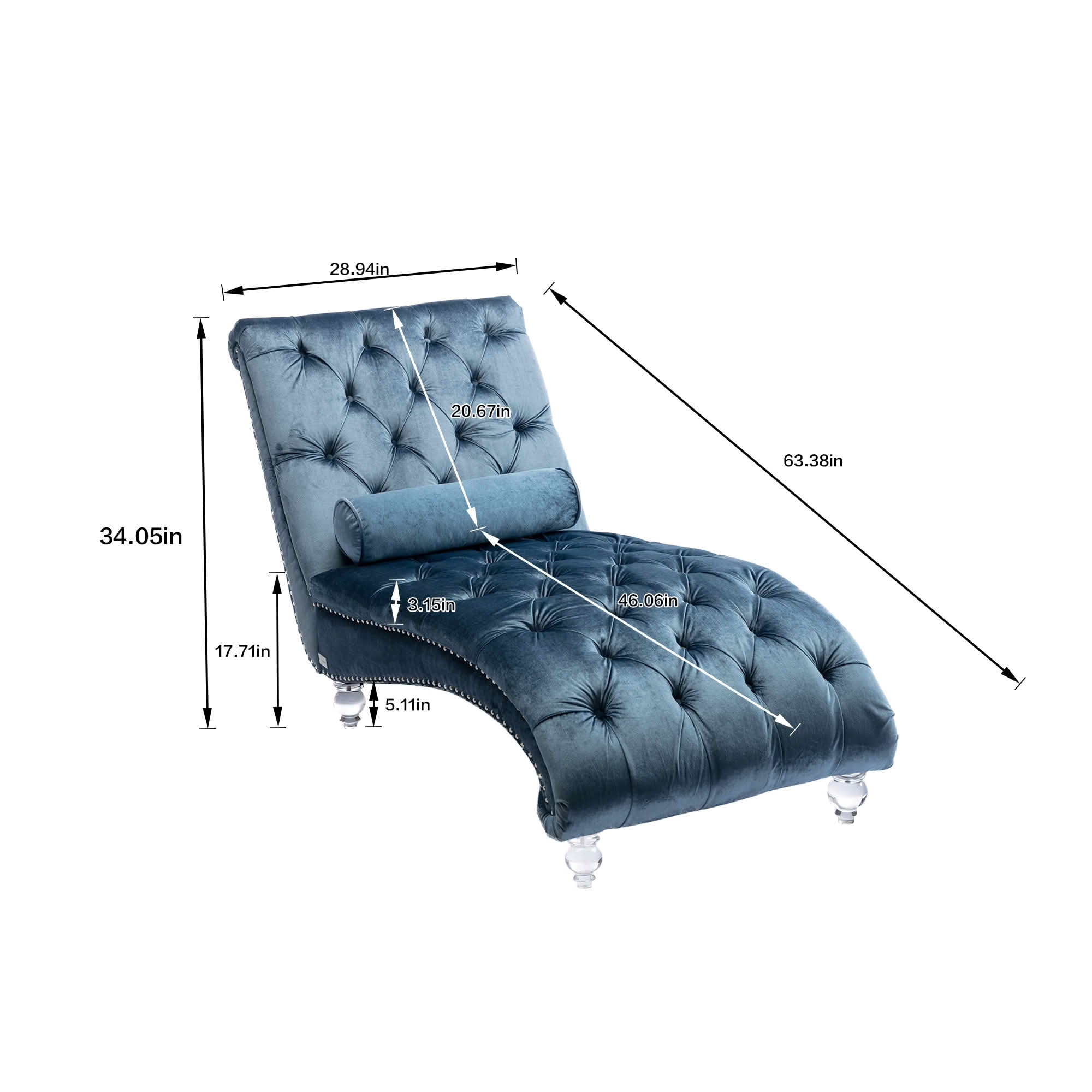 MAYEERTY Velvet Button Tufted Chaise Lounge with Pillow, Ergonomic S-Shape Indoor Lounge Chair with Wood Frame Acrylic Legs for Bedroom Living Room Office