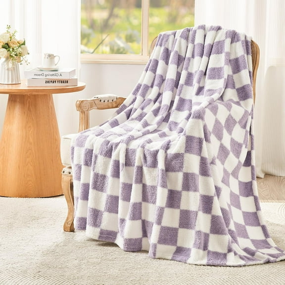 Checkered Pattern Blanket Queen 80x90 Inches, Lavender Soft Fluffy Knit Throw for Couch Bed Sofa Chair Camping Travel