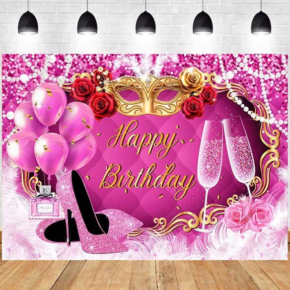 Pink Happy Birthday Backdrop for Women High Heel Mask Dance Shoes Backdrop Girls Birthday Party 30th 50th 60th 70th Birthday Backdrop Women Carnival Party Decorations