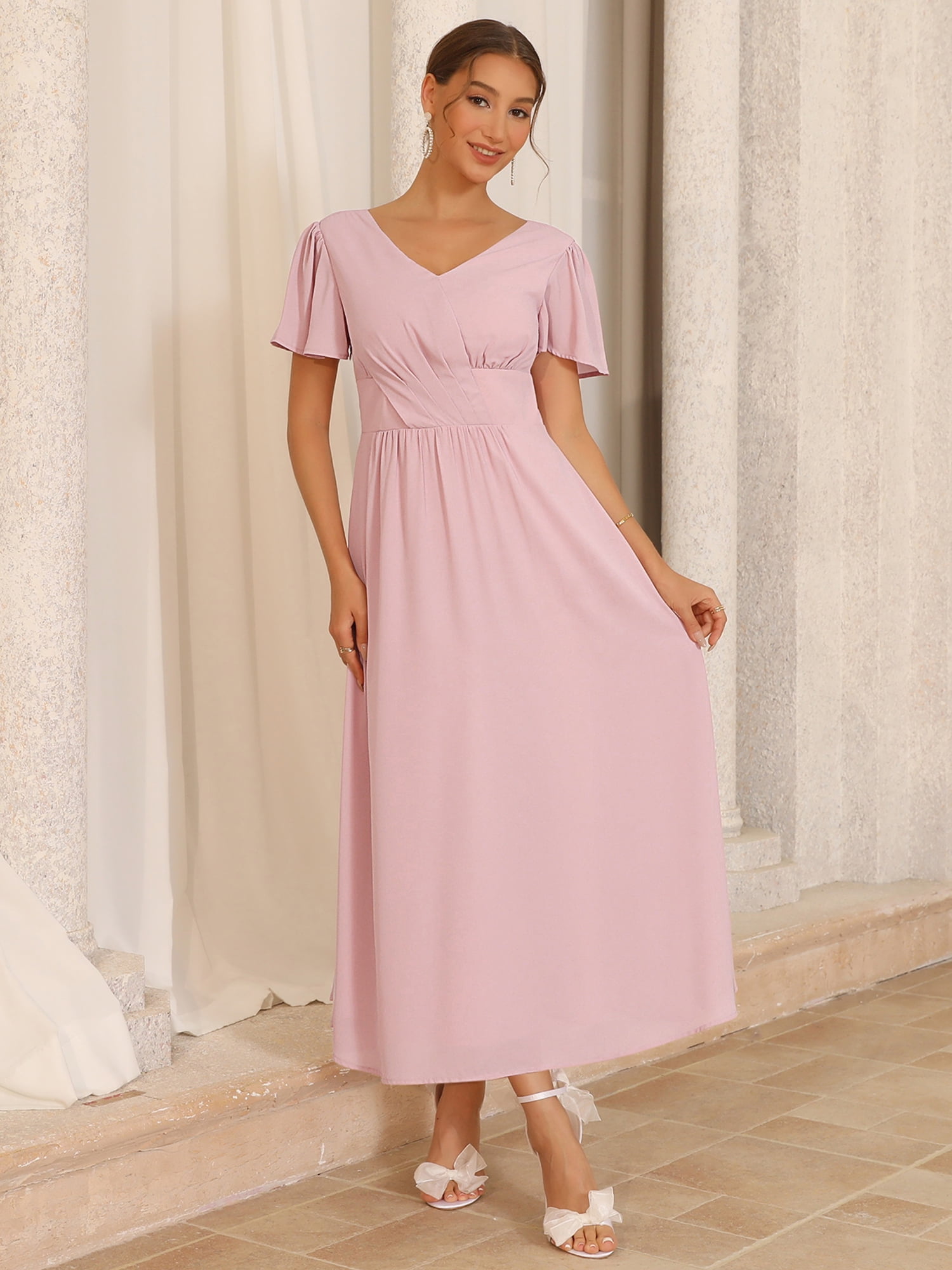 DARING DIVA Women's Bridesmaid Dress Chiffon Long Pleated Maxi Dresses S Pink