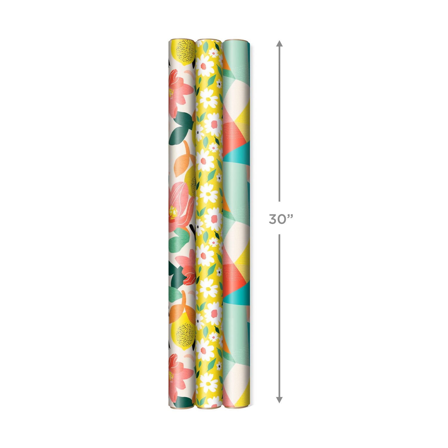 Hallmark Reversible Wrapping Paper (3 Rolls: 75 Sq. Ft. Ttl) Floral, Lemons, Bright Abstract