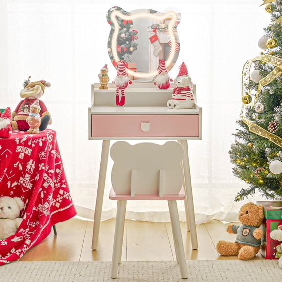 Ktaxon Kids' Wooden Vanity Table and Stool Set with LED Lights, Princess Makeup Dressing Table,Children's Furniture, White