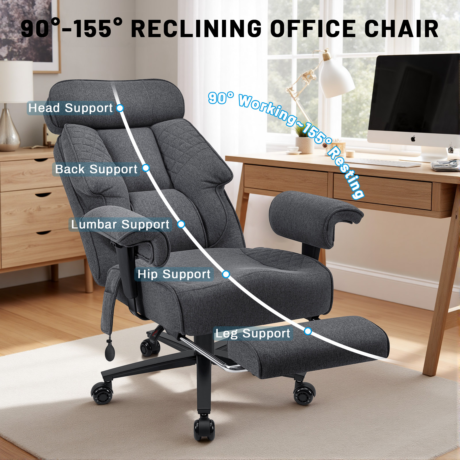 Hoffree Big and Tall Office Chair 500lbs, Reclining Ergonomic Desk Chair with Adjustable Lumbar Support, Arms and Headrest, Executive Fabric High Back Computer Chair with Footrest for Home, Gray