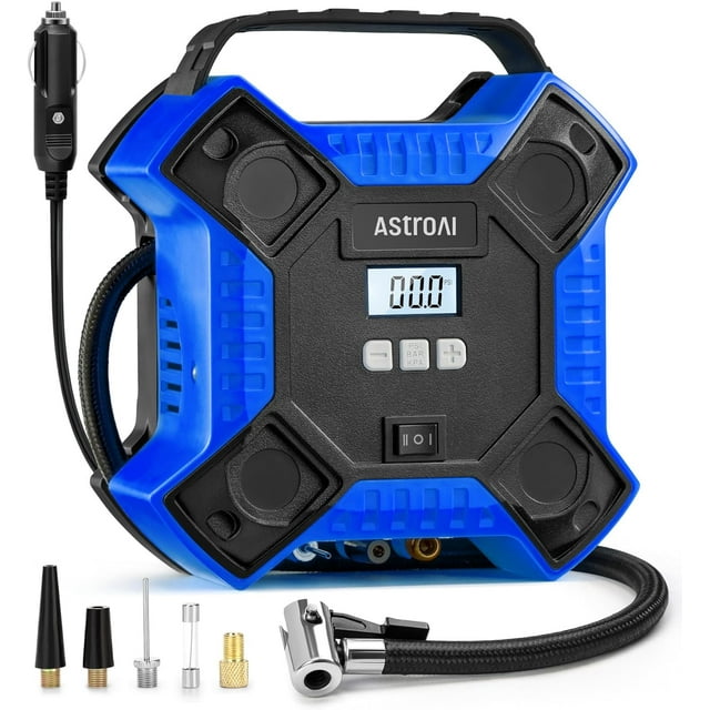 AstroAI Inflador de Neumáticos 160 Psi, Compresor de Aire Portátil, Bomba de Aire para Neumáticos de Automóvil, Bomba de Neumáticos con Estructura de Metal Integrada de 12 V CC con Luz LED, Azul