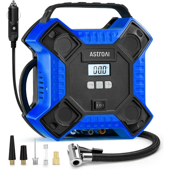 AstroAI Inflador de Neumáticos 160 Psi, Compresor de Aire Portátil, Bomba de Aire para Neumáticos de Automóvil, Bomba de Neumáticos con Estructura de Metal Integrada de 12 V CC con Luz LED, Azul