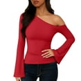 thumbnail image 5 of HAPIMO Women's Off Shoulder Tops Bell Sleeve Shirts Dressy Long Sleeve Asymmetrical Slim Fit Blouses Lightweight Going Out Tops Ruched Shirts Red S, 5 of 9
