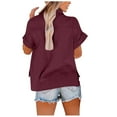 thumbnail image 4 of FAVIPT Cotton Linen Shirts for Women Loose Fit Soft Tops Short Sleeve Button Down T Shirt Collared V Neck Plain Tees Casual Summer 2025 Blouses with Two Pockets Wine,M, 4 of 8