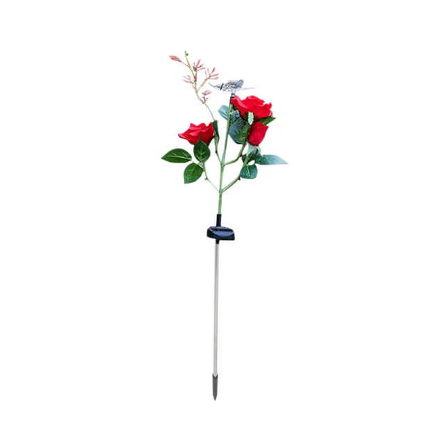 Luces solares de rosas con estaca para jardín, lámpara decorativa para exteriores, para caminos y patios (flores rojas con mariposas)
