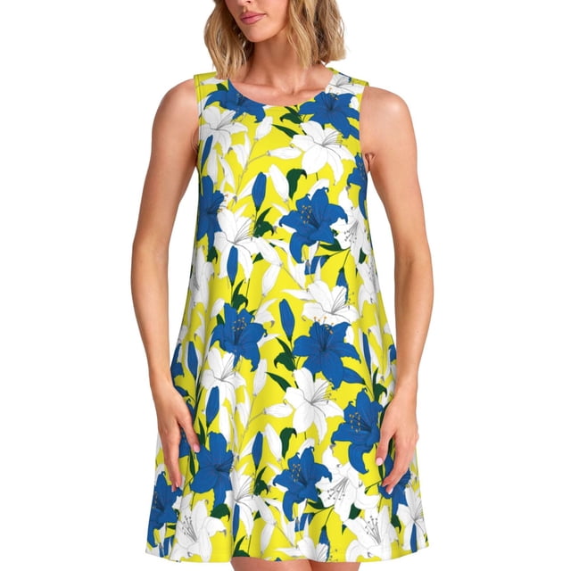 Easygdp Lilies Flowers para Vestido Transpirable de Mujer, Vestido Suelto de Manga Corta con Pliegues y Bolsillos para el Verano