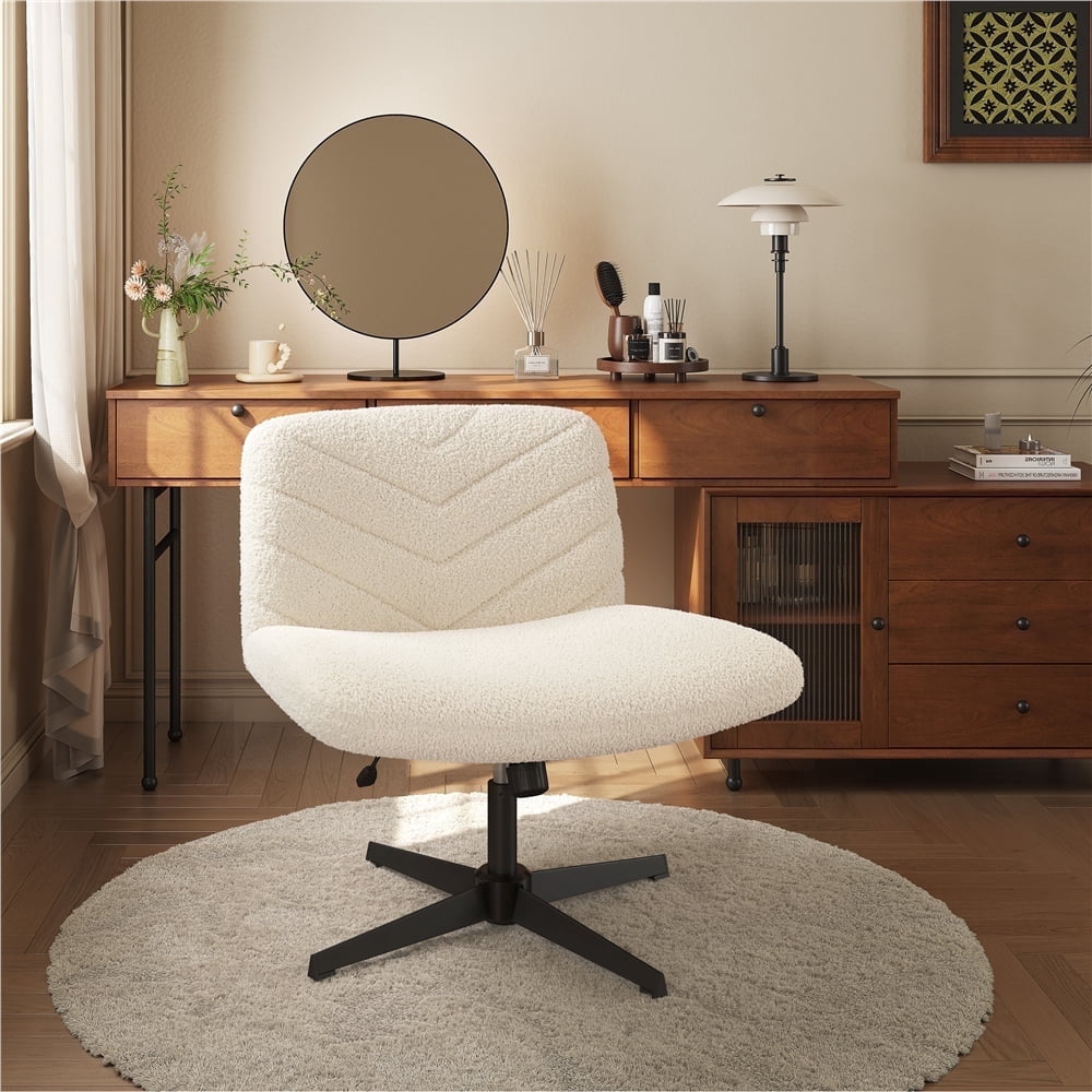 Yaheetech Fabric Swivel Desk Chair with No Arms and Extra Wide Seat, Beige, Ivory