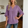 thumbnail image 4 of XuJwPNcy Womens T Shirts V Neck 3/4 Bell Sleeve Tops Trendy Ruffle Hem Blouse Casual Summer Outfits Ladies Soft Tees, 4 of 6