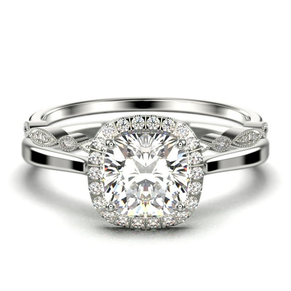 Dazzling Halo 2.05 Carat Cushion Cut Diamond Moissanite Engagement Ring, Wedding Ring, One Matching Band in 925 Sterling Silver With Plain 18k White Gold Plating Shank, Bridal Ring