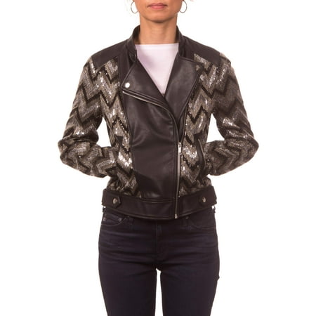 Nanette Lepore PU and Sequins Moto Jacket with Band Collar
