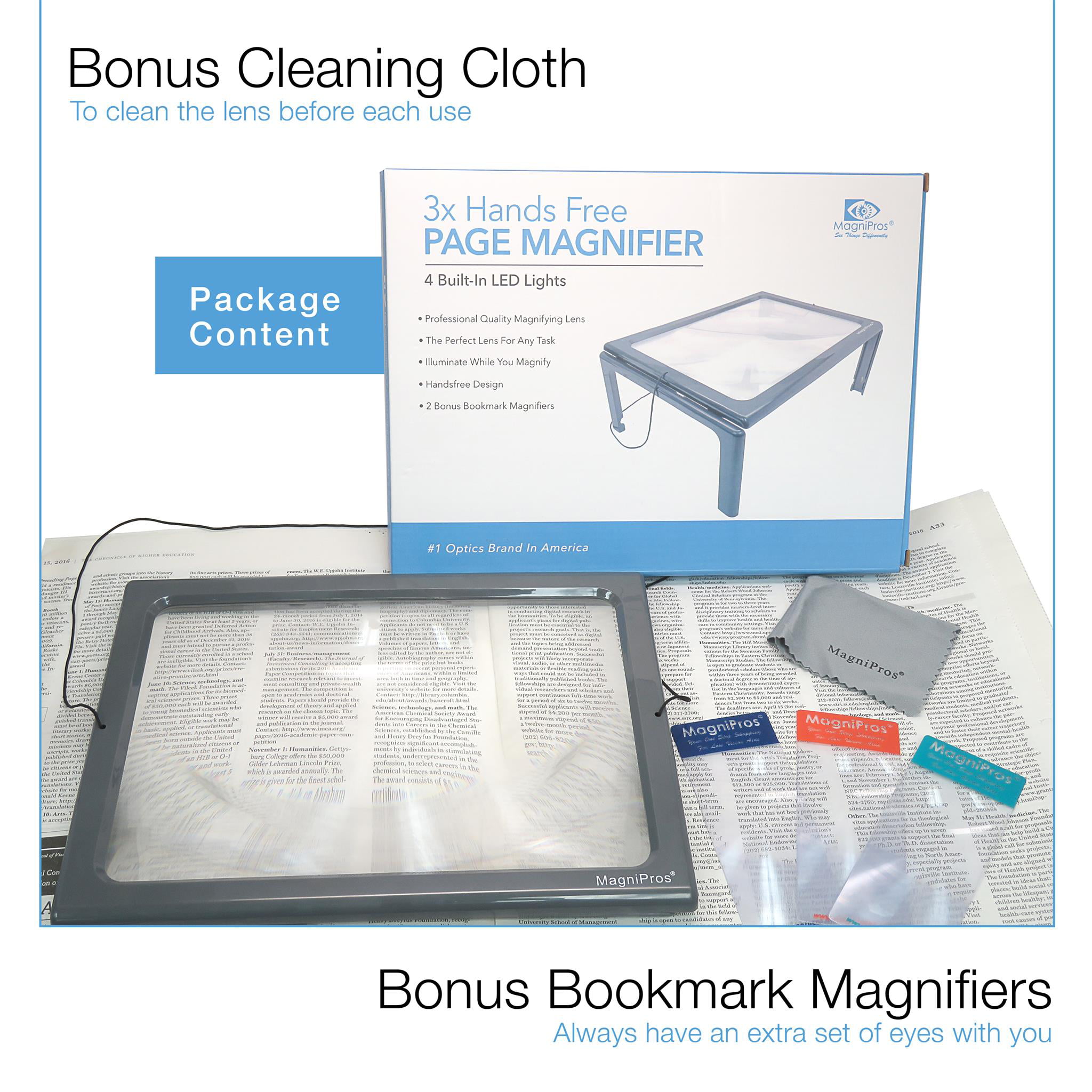 MagniPros Premium 3X (300%) Page Magnifying Lens With 3 Bonus Bookmark  Magnifiers for Reading Small Prints, Low Vision Aids & Solar Projects 
