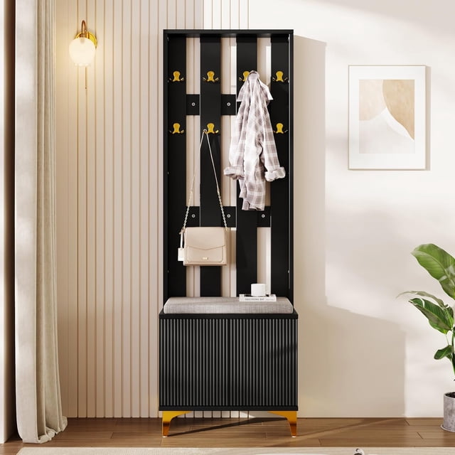 Storage Cabinet Wood Coat Rack Set with Shoe Bench & Cushion, Modern Coat Rack Front with Hooks, Shoe Cabinet with 2 Doors for Entryway Hallway Living Room