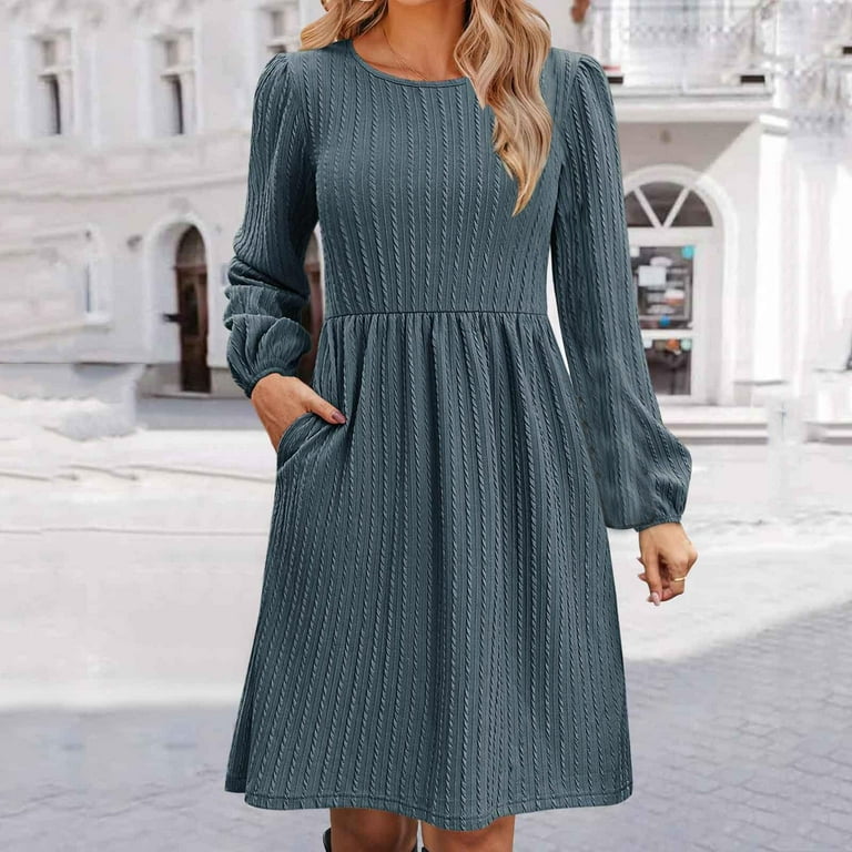 Diufon Fall Womens A-Line Dresses Round Neck Puff Long Sleeve Dress Casual  Baggy Dress with Pockets