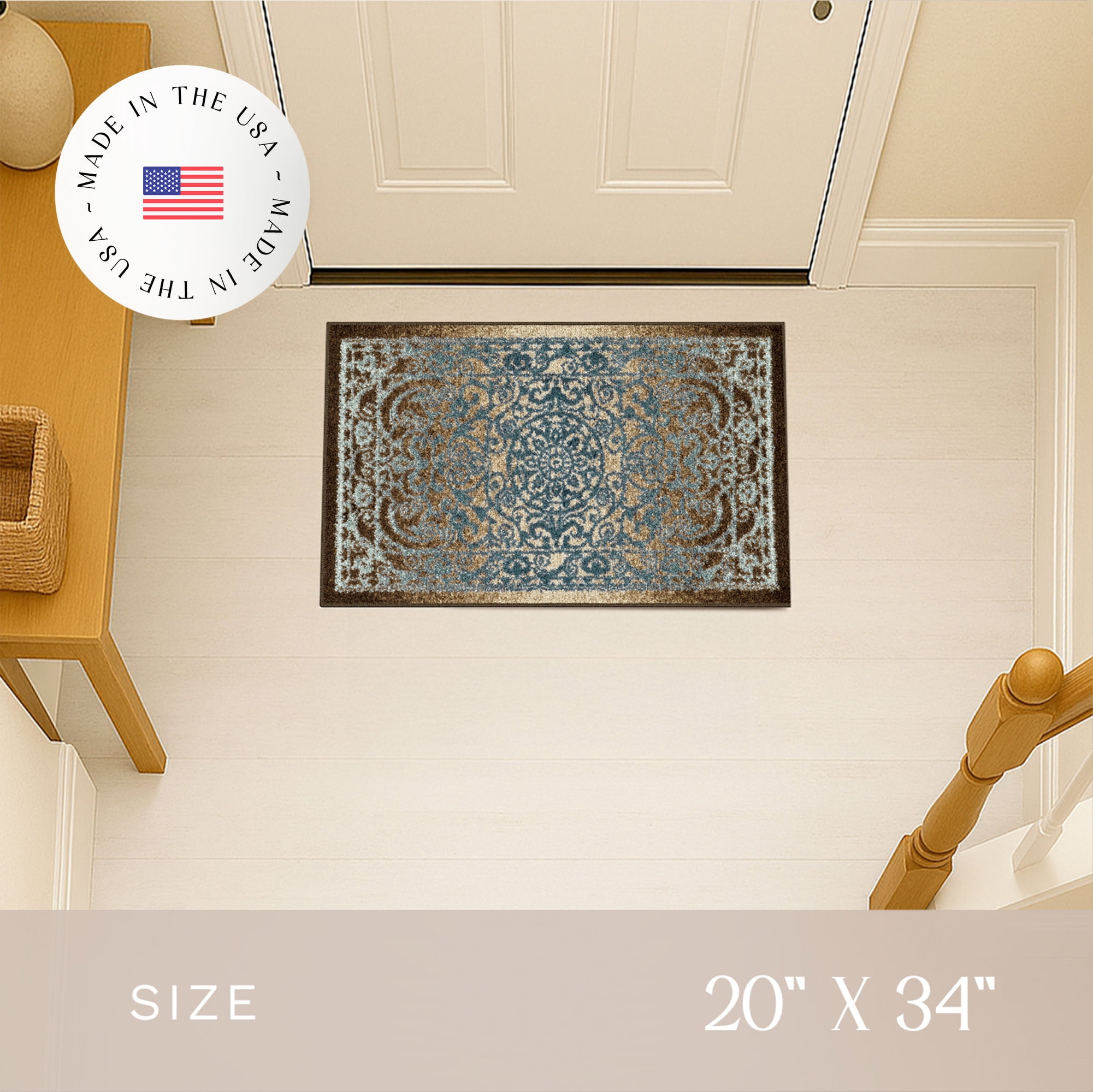 Maples Rugs Pelham Transitional Vintage Scroll Blue Brown Washable Entryway Area Rug, 1'8 x 2'10