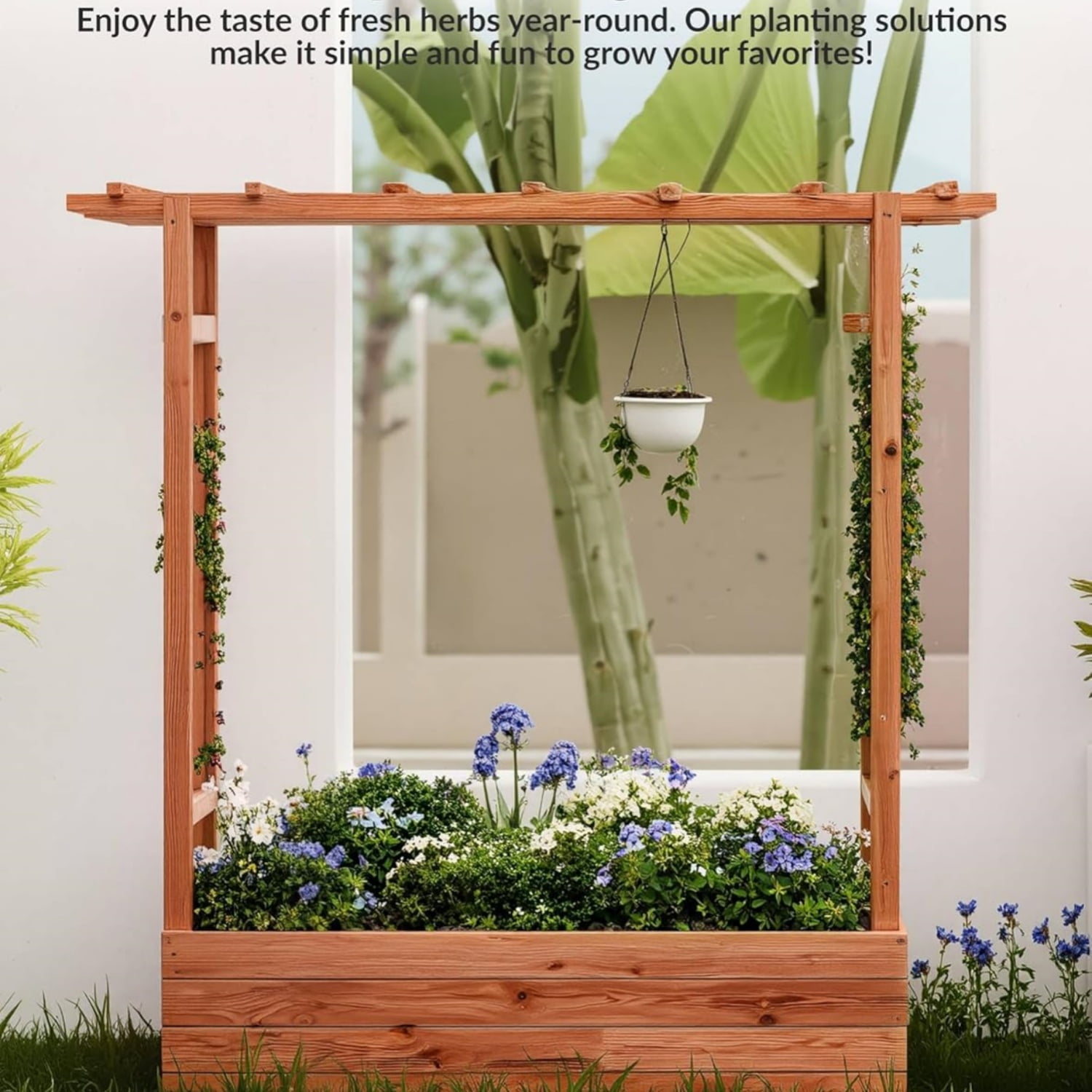 Riedhoff Wooden Raised Garden Bed with Trellis, Hanging Roof & Side Trellis, 79 x 17 x 45"