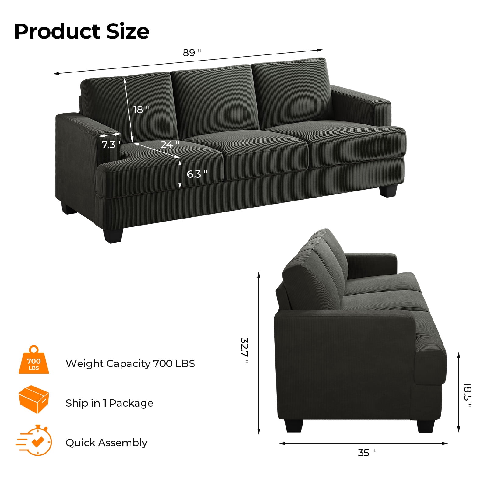 BLAZANT 89" Sofa Couch, 3 Seater Sofa with Suppleness Armrests, Corduroy Fabric Deep Seat Sofa with Upholstered Cushion& Backrests, Modern Comfy Couch for Living Room Apartment Office