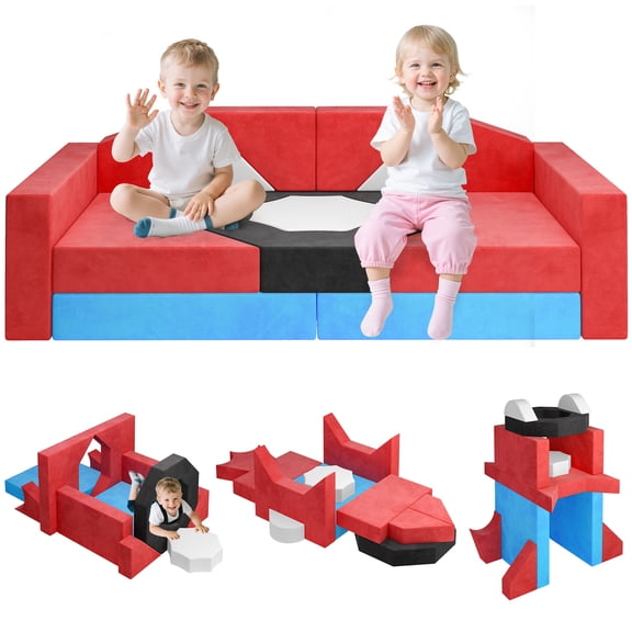 CASEMIOL 14PCS Modular Kids Play Couch w/ Foam Blocks, Convertible Toddler Sofa for Playroom, Indoor Climbing, Crawling & Fort Building Play Set, Gifts for Girl & Boy Ages 3-6, Red